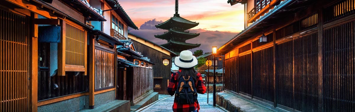 person walking through old streets of Japan