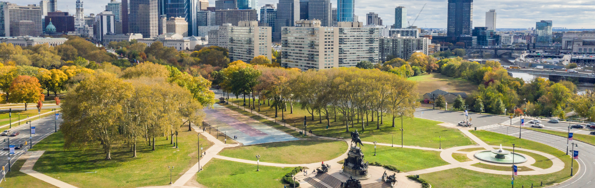 Aerial view of Philly circle infront of museum of art