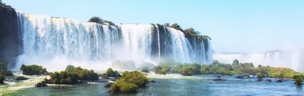 big waterfall with lots of plants underneath