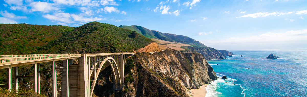 California coastline, mountain, and bridge