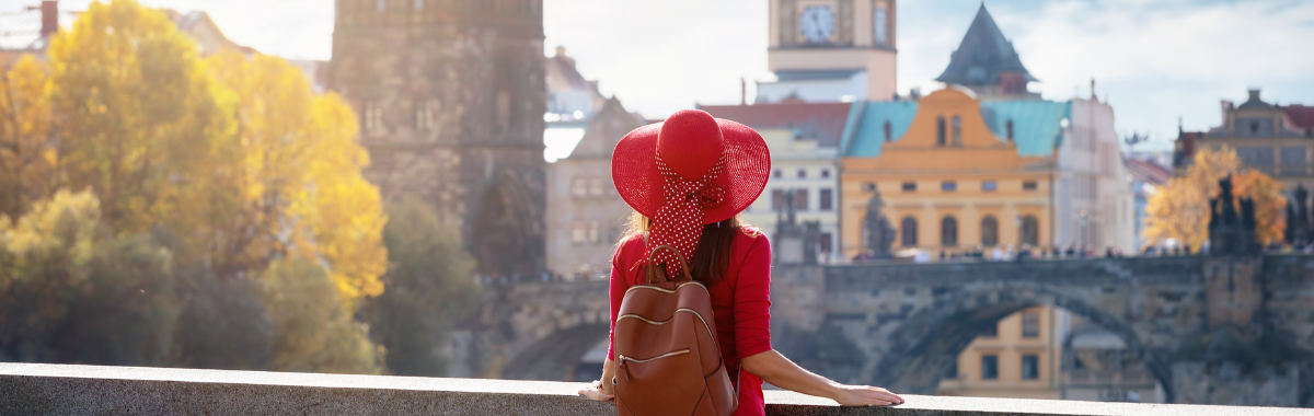 woman traveling through old town