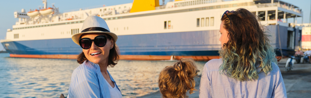 family walking towards cruise ship