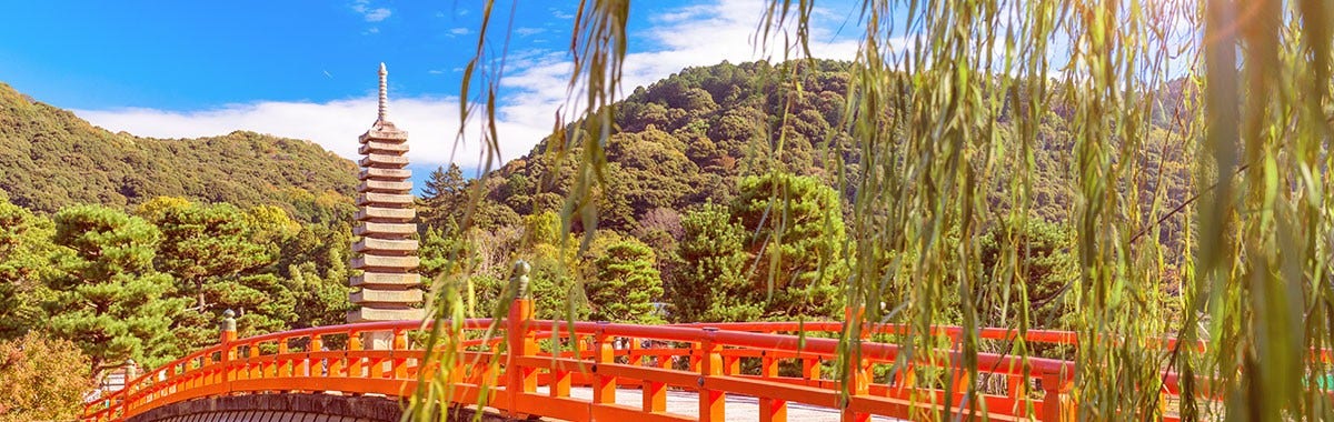 red bridge with a Japanese pagoda in the background