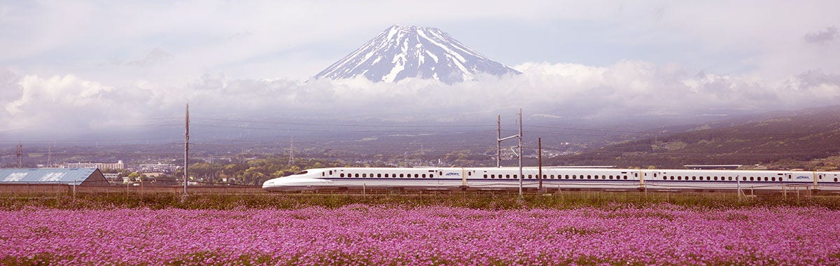 Japanese bullet train with mount Fuji in the background