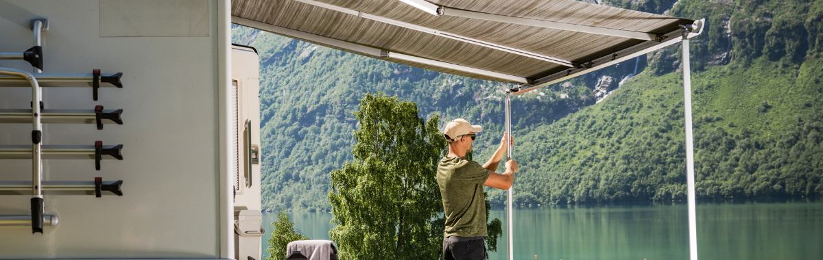 RV set up next to a lake