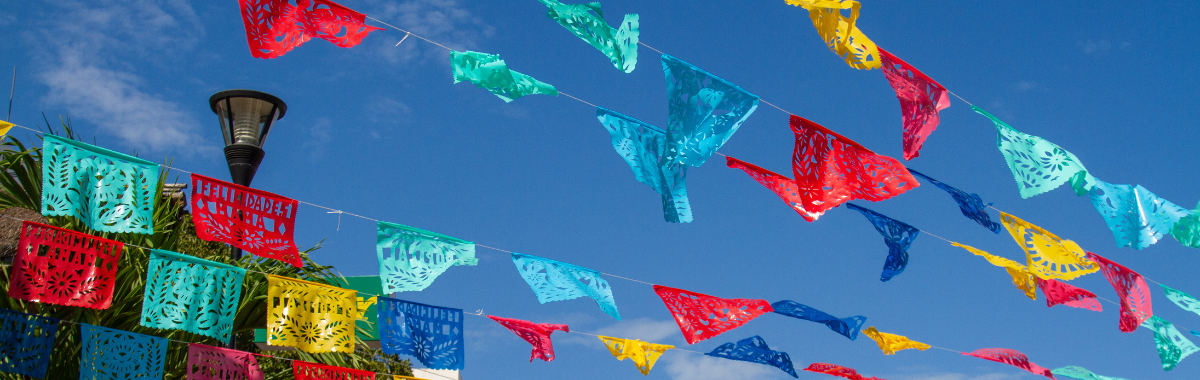 colorful streamers above city street