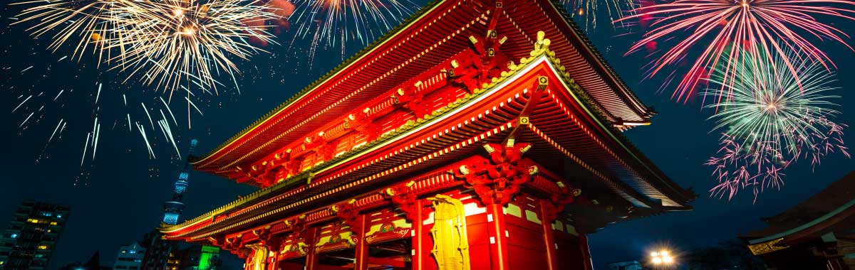 asian style pagoda with fireworks 