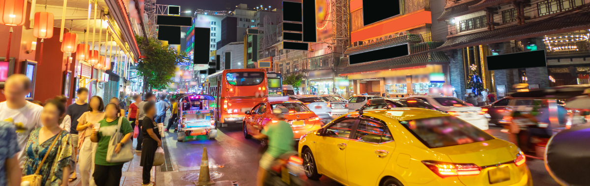 Nighttime city market and traffic