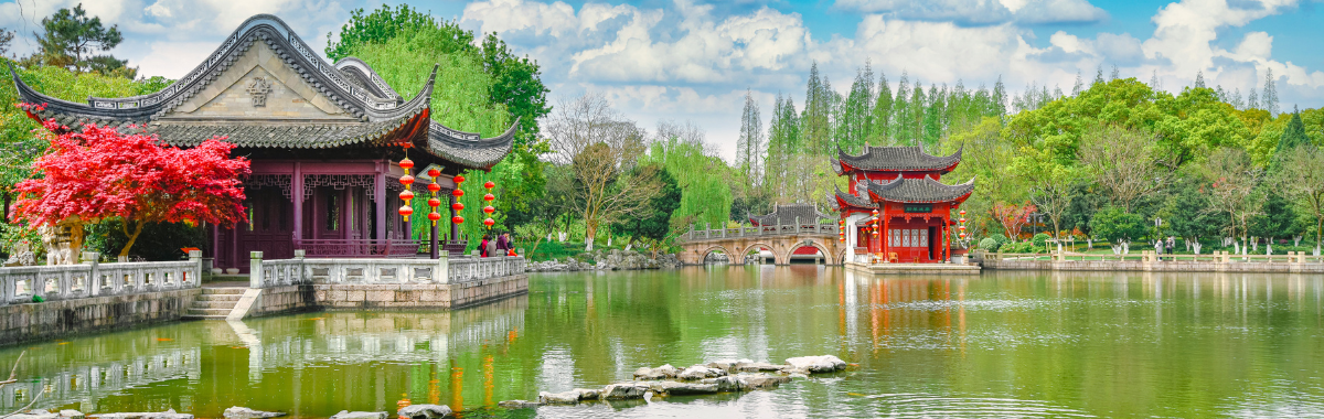 South Korean traditional homes next to a pond