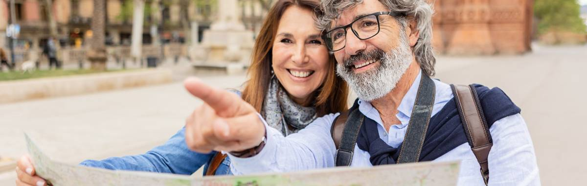 senior couple navigating city