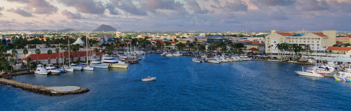 Aruba bay with boats and resorts