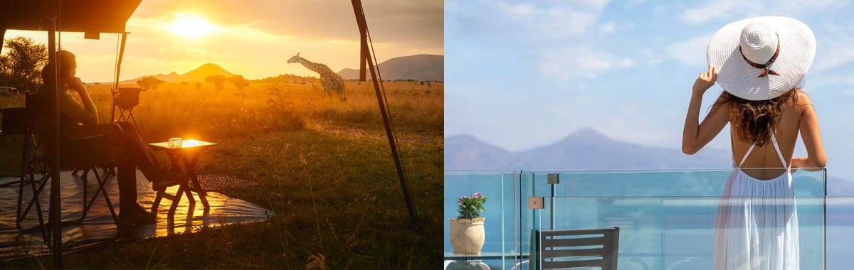person on safari in africa and a woman on a balcony looking at the ocean