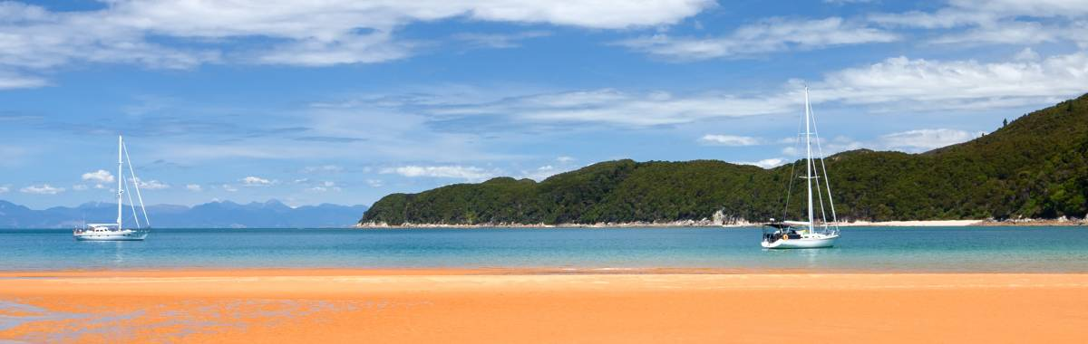 Abel Tasman beach with sailboats