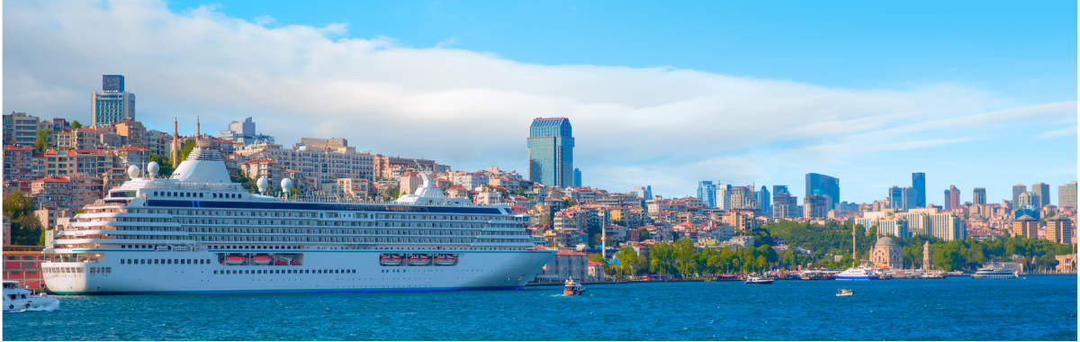 cruise ship next to a city