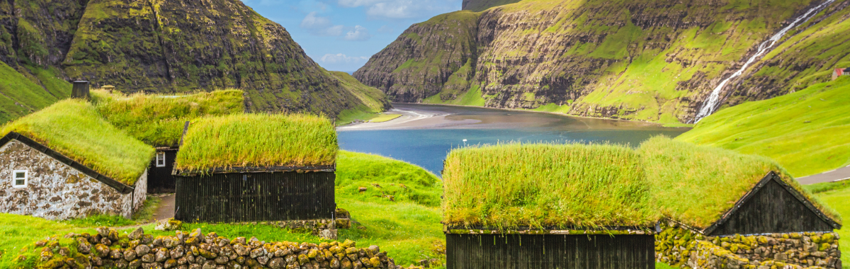 old Faroe village with grass growing on the roof