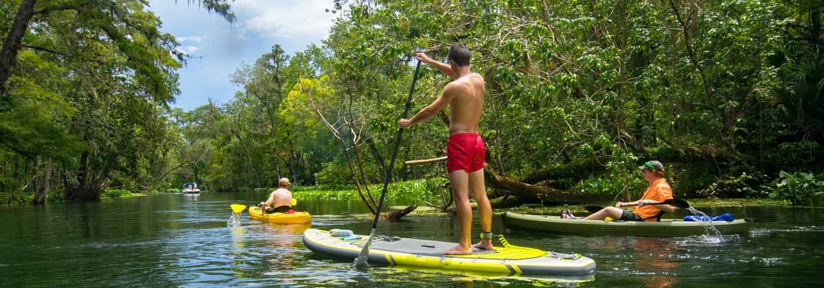 group kayaking and paddle boarding down a river