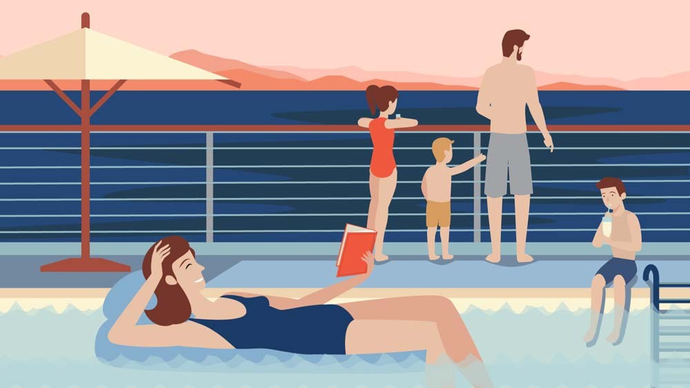 illustration of family on a deck and in pool looking over ocean