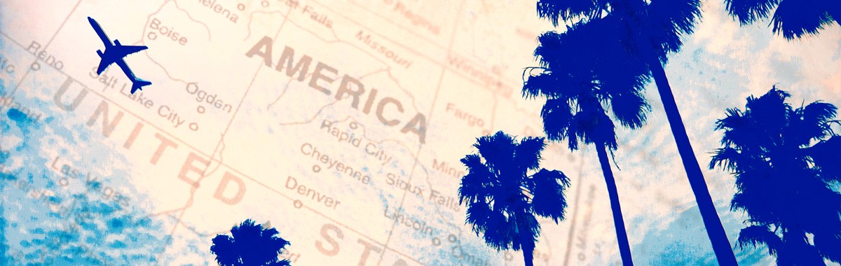 map of america with plane and palm trees superimposed