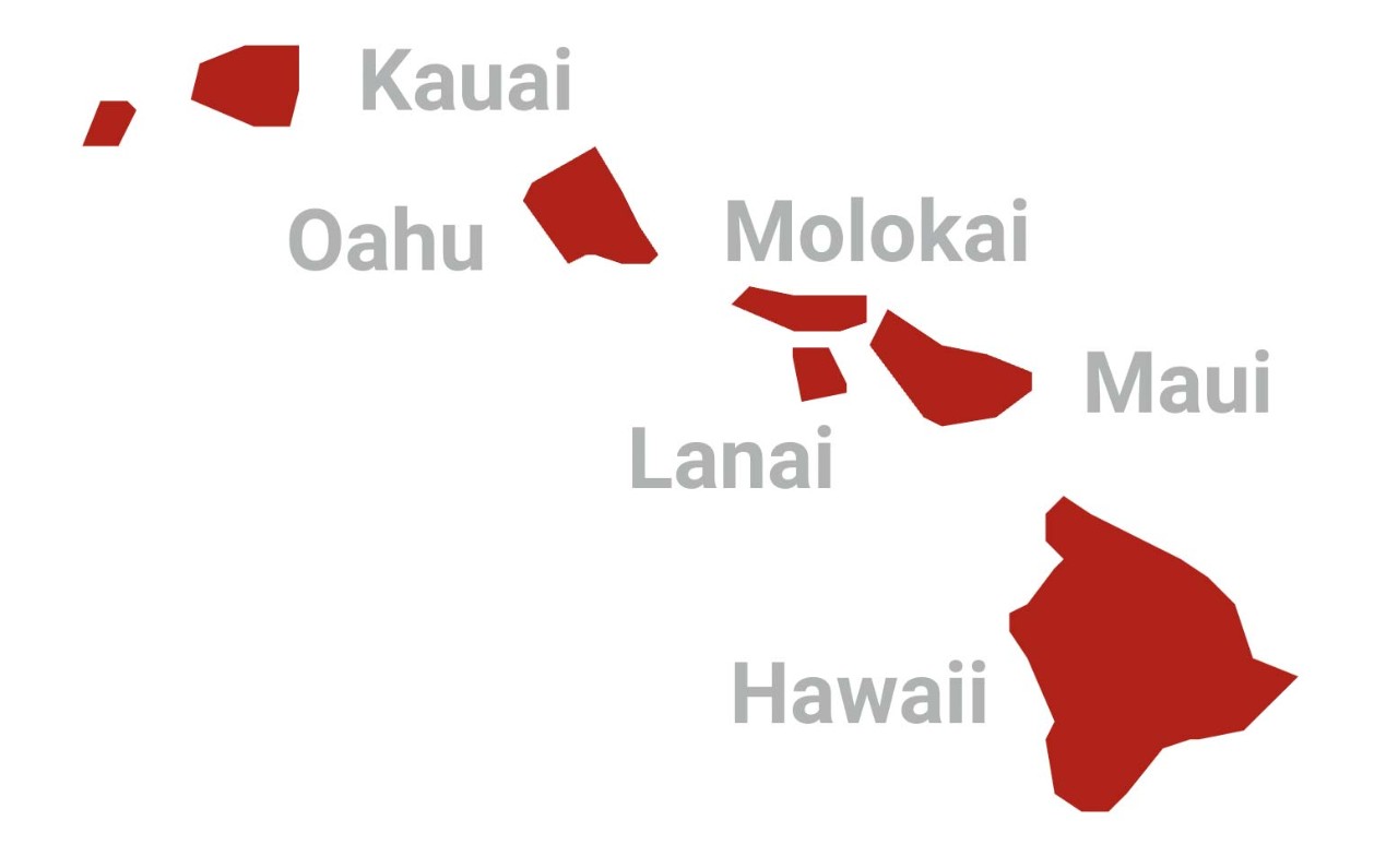 An illustration of the Hawaiian Islands of Kauai, Oahu, Molokai, Lanai, Hawaii and Maui