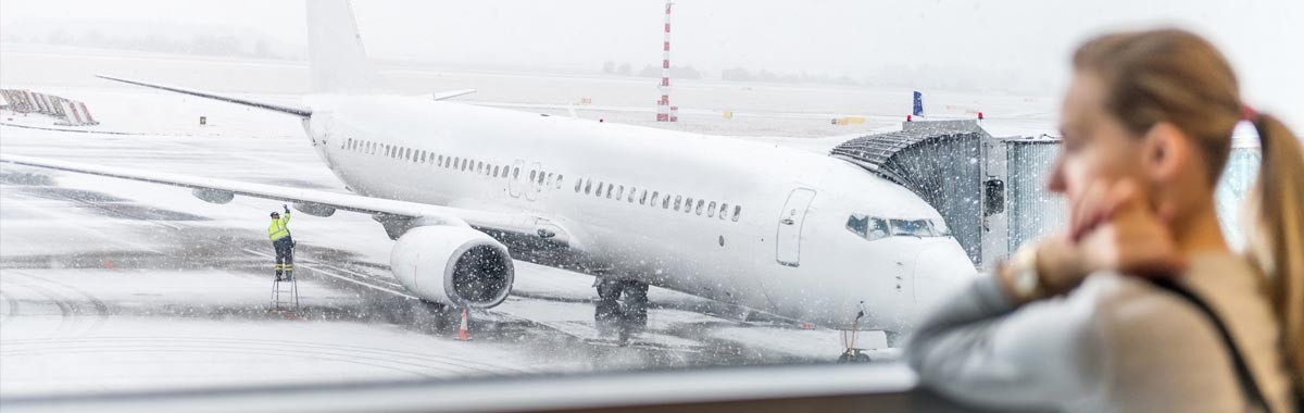 woman in airport staring out a window at snow and planes