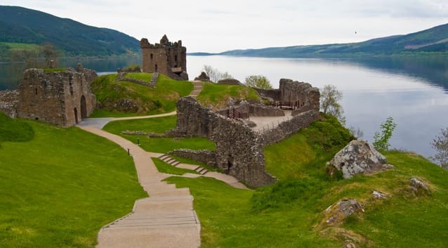 Scottish castle, lake, loch, ruins, mountains, green grass, hills, path