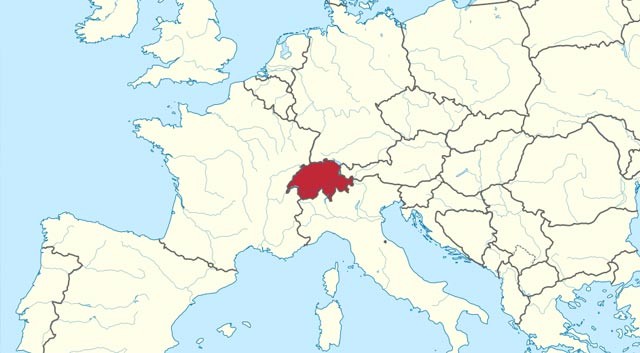 map of central Europe with Switzerland highlighted