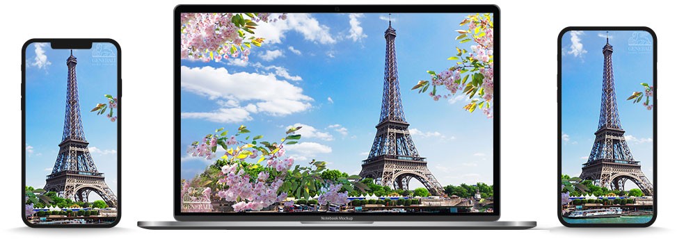 phones and computer with wallpaper background of the Eiffel Tower in Paris with flowers