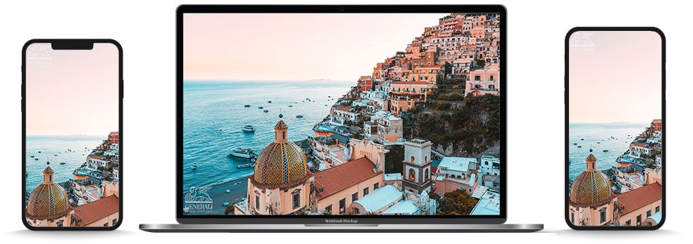 phones and computer with wallpaper background of Positano on the Amalfi Coast